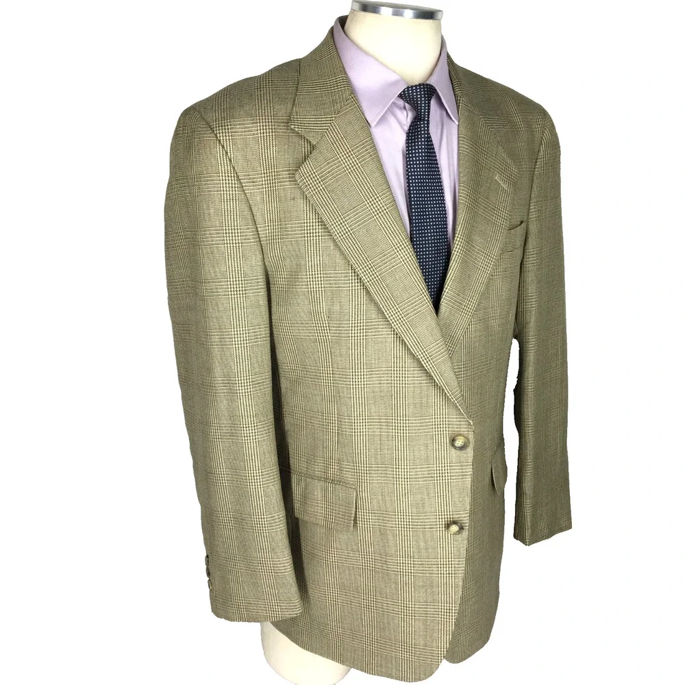 42R Jos A Bank Mens Vtg 2 Button Silk Wool Blazer Sport Coat Sand Glen Chk